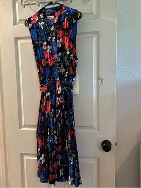 Calvin Klein Black Midi Dress with Blue, Red & White Floral Print